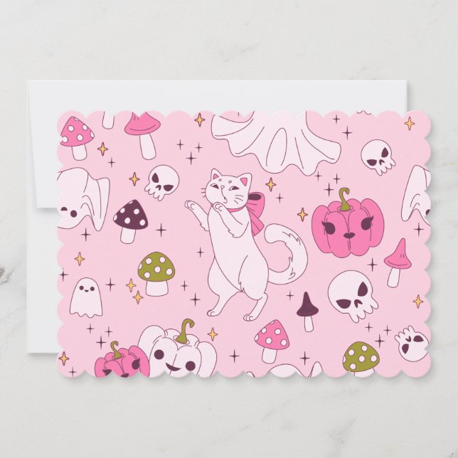 Invitación coquette rosa halloween bruja gato fantasma cráneo (Anverso)