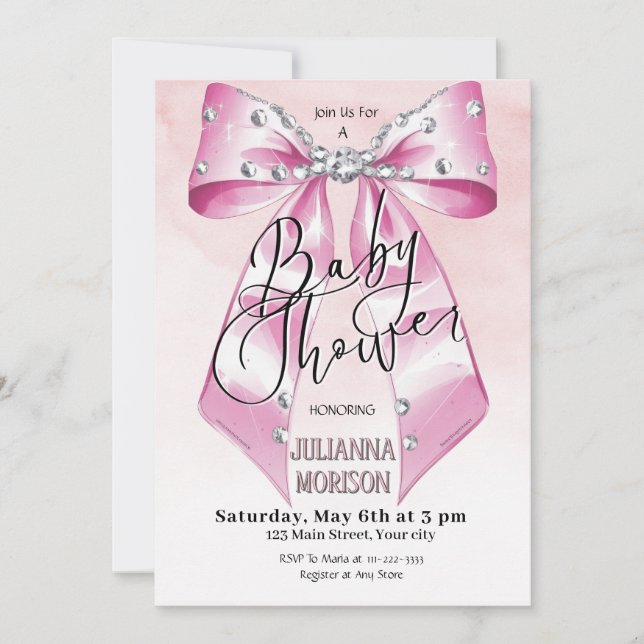 Invitación Coquette rosa moderna Bow Chica Baby Shower (Anverso)