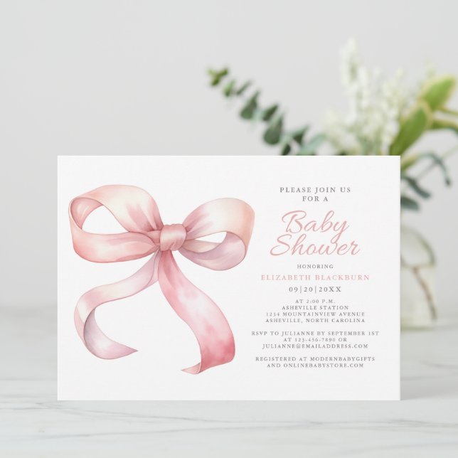 Invitación Coquette rosa Rubor Bow Elegant Baby Shower (Anverso de pie)