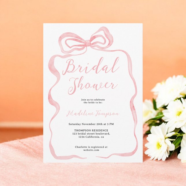 Invitación Coquette rosa Watercolor Bow Brillante Ducha (Pink Coquette Watercolor Bow Bridal Shower Invitation)