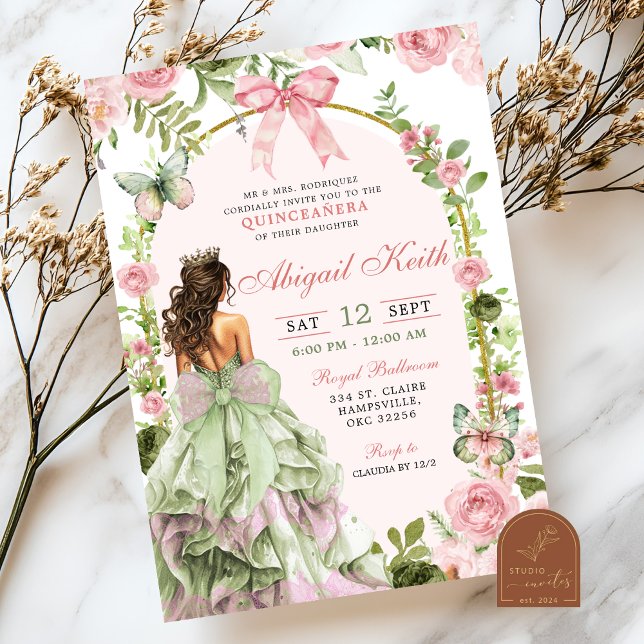 Invitación Coquette Royal Garden Sage Rubor Pink Quinceanera (Subido por el creador)