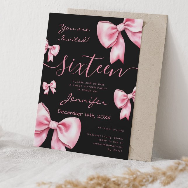 Invitación Coquette Rubor Pink Bow Sweet 16 Fiesta Black (Coquette Blush Pink Bow Sweet 16 Party Black Invitation)
