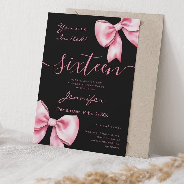 Invitación Coquette Rubor Pink Bow Sweet 16 Fiesta Black (Coquette Blush Pink Bow Sweet 16 Party Black Invitation)