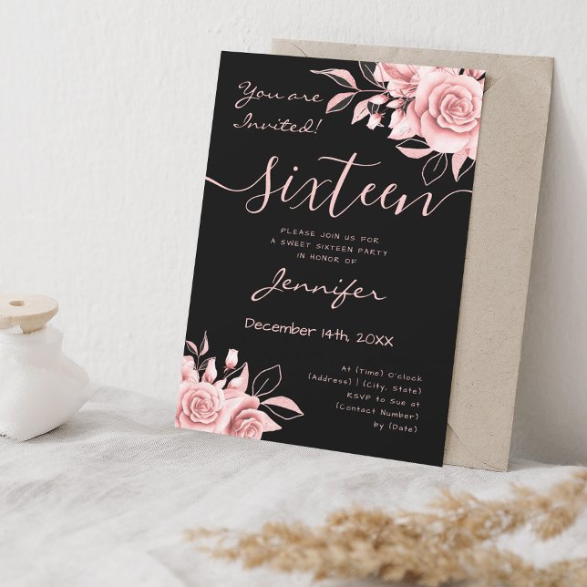 Invitación Coquette Rubor Pink Sweet 16 Floral Black (Coquette Blush Pink Sweet 16 Floral Black Invitation)