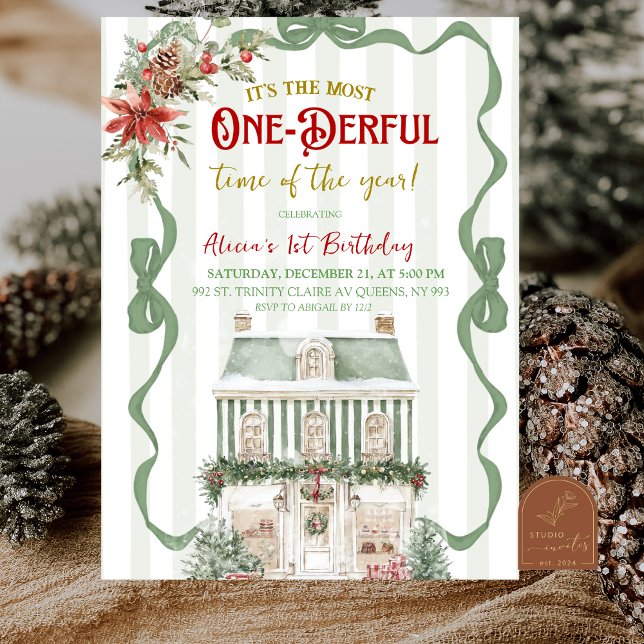 Invitación Coquette Sage Green Christmas Sweet First Birthday (Subido por el creador)
