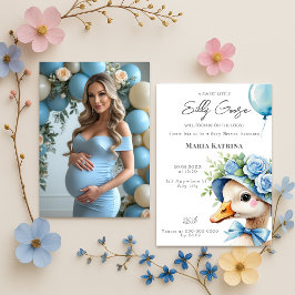Invitación Coquette Silly Goose Blue Bow Boy Baby Shower