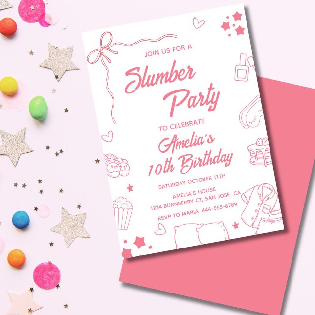 Invitación Coquette Slumber Party Invitation for Girls (Pink coquette kids pajama party invite with bows, pastel details, and cute girly sleepover icons.)