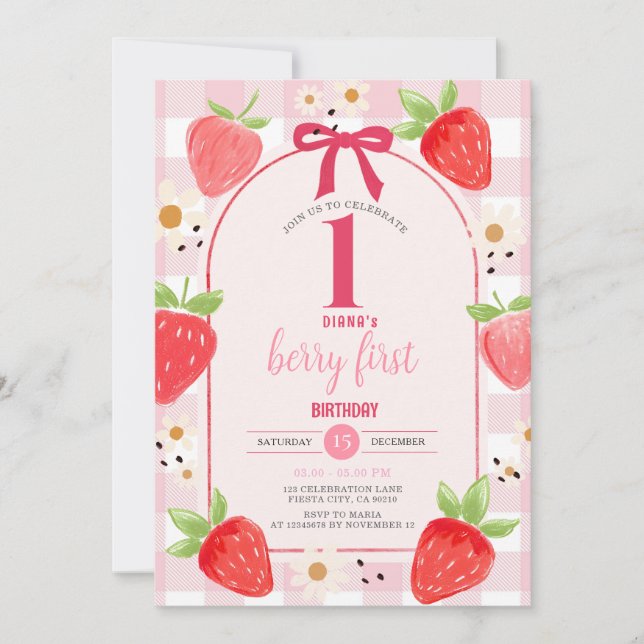 Invitación Coquette Strawberry 1st Birthday Party Invite (Anverso)