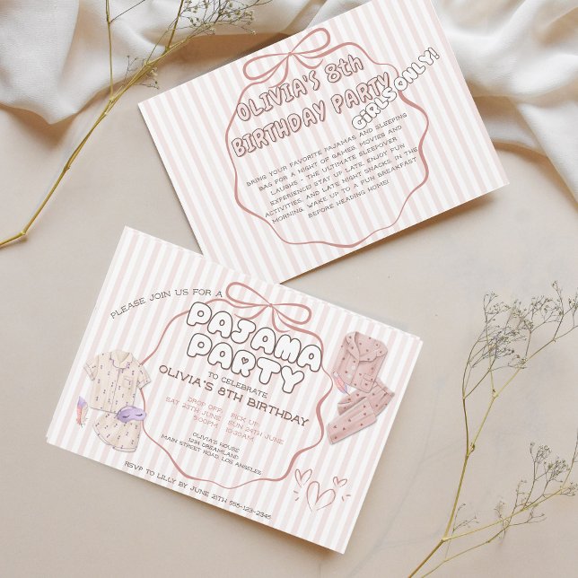 Invitación Coquette stripes & bow pajama cumpleaños (Subido por el creador)