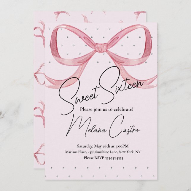 Invitación Coquette Sweet, Chicas de Bow Rosado, 16 cumpleaño (Anverso / Reverso)