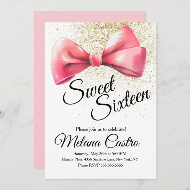 Invitación Coquette Sweet, Chicas de Bow Rosado, 16 cumpleaño (Anverso / Reverso)