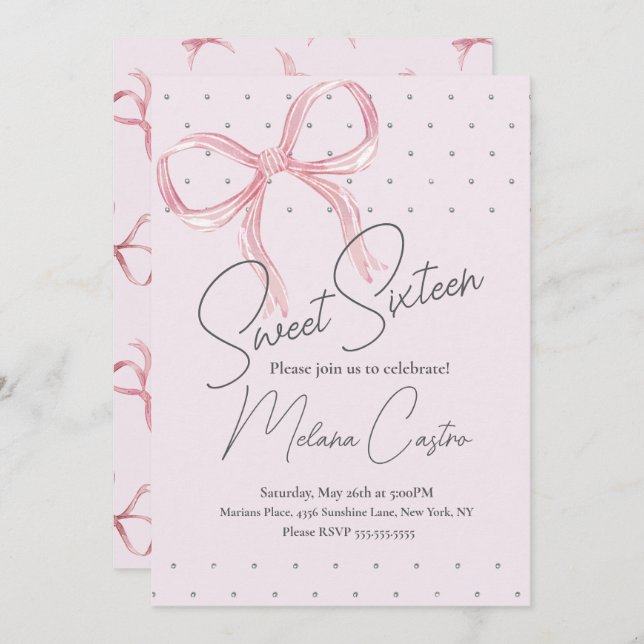 Invitación Coquette Sweet, Chicas de Bow Rosado, 16 cumpleaño (Anverso / Reverso)