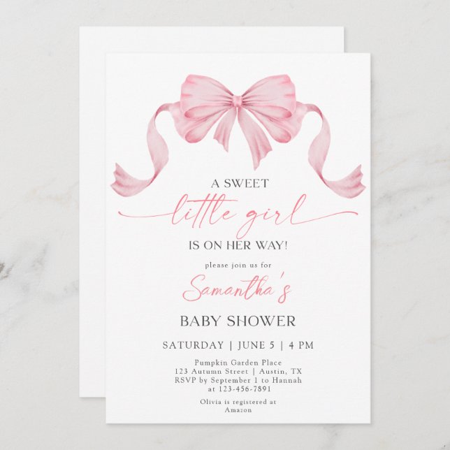 Invitación Coquette Sweet Little Girl Bow Border Baby Shower (Anverso / Reverso)