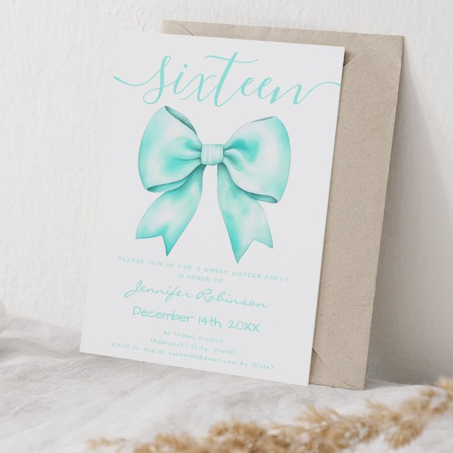 Invitación Coquette Turquoise Verde azulado Bow Sweet 16 Cump (Coquette Turquoise Teal Bow Sweet 16 Birthday Invitation)
