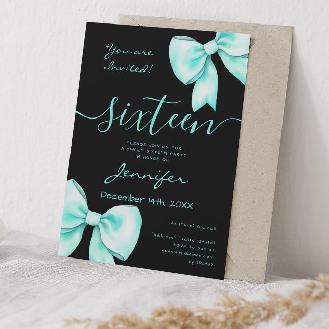 Invitación Coquette Turquoise Verde azulado Bow Sweet 16 Fies (Coquette Turquoise Teal Bow Sweet 16 Party Black Invitation)