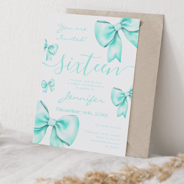 Invitación Coquette Turquoise Verde azulado Bow Sweet 16 Fies (Coquette Turquoise Teal Bow Sweet 16 Party Invitation)