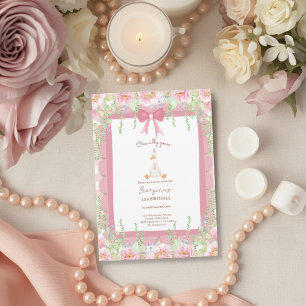 Invitación Coquette Uno Ganso Tonto Lazo Rosa 1er Cumpleaños
