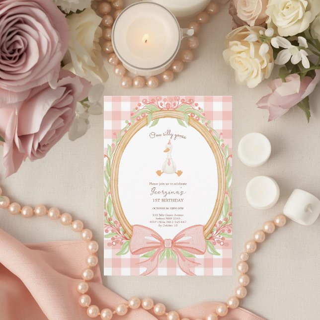 Invitación Coquette Uno Ganso Tonto Lazo Rosa 1er Cumpleaños (Subido por el creador)
