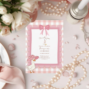 Invitación Coquette Uno Ganso Tonto Lazo Rosa 1er Cumpleaños