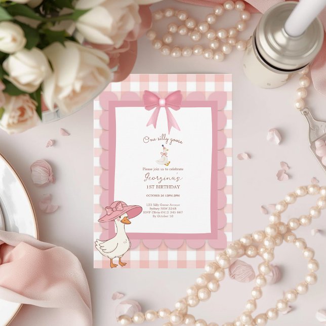 Invitación Coquette Uno Ganso Tonto Lazo Rosa 1er Cumpleaños (Subido por el creador)