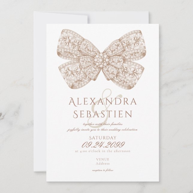 Invitación Coquette Vintage Diamonds Bow Mocha Mousse Boda (Anverso)