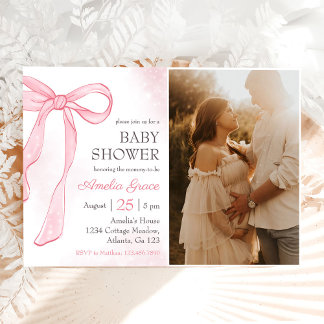 Invitación Coquette Watercolor Pink Cute Bow Baby Shower