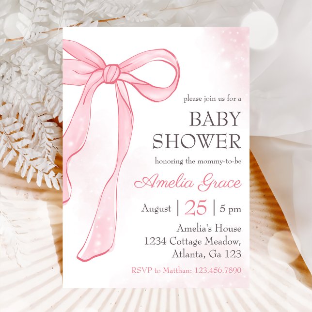 Invitación Coquette Watercolor Pink Cute Bow Baby Shower (Subido por el creador)