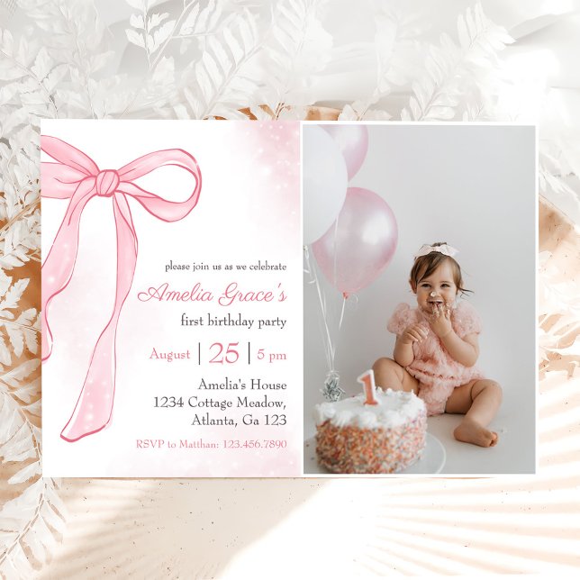 Invitación Coquette Watercolor Pink Cute Bow Primer Cumpleaño (Subido por el creador)