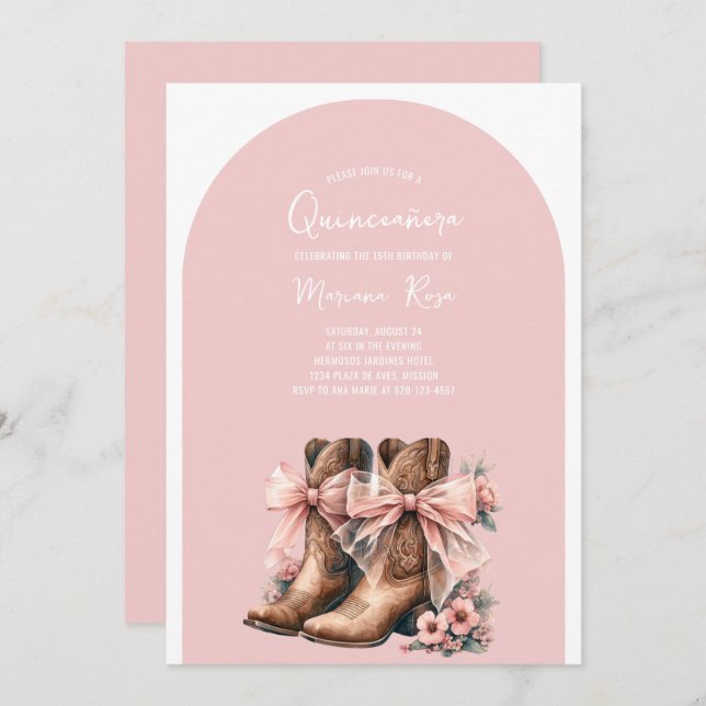 Invitación Coquette Western Boots Quinceanera Cumpleaños (Anverso / Reverso)