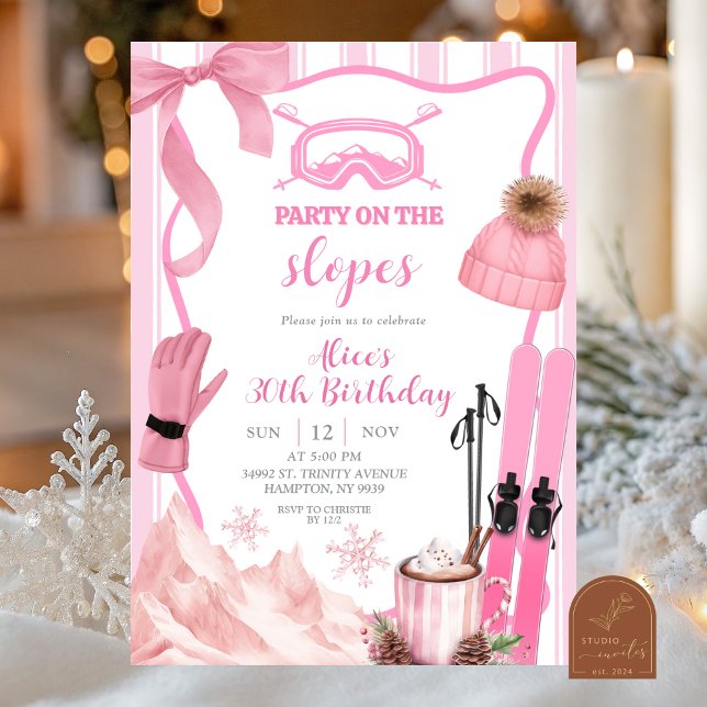Invitación Coquette Winter Pink pastel Ski birthday (Subido por el creador)