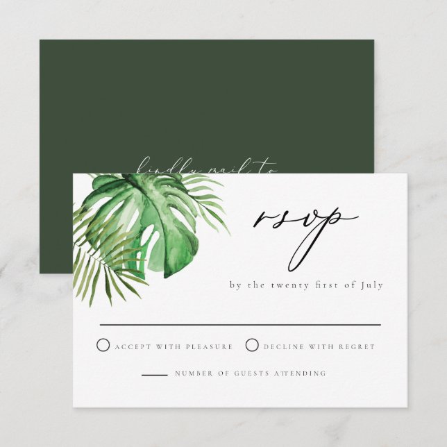 Invitación CORA Palm Tropical Leave Beach Tema Boda RSVP (Anverso / Reverso)