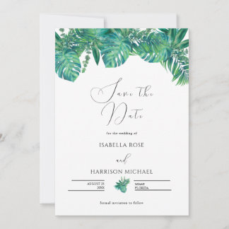 Invitación CORA Tropical Beach Palm Leaf Save the Date