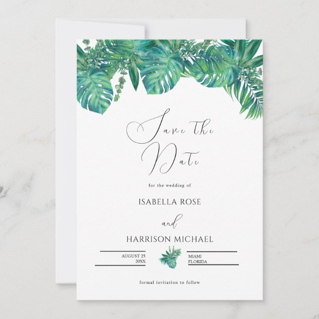 Invitación CORA Tropical Beach Palm Leaf Save the Date  (Anverso)