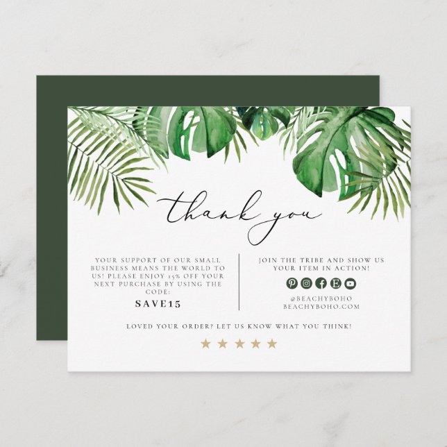 Invitación CORA Tropical Beach Palm Pequeña Empresa Gracias (Anverso / Reverso)