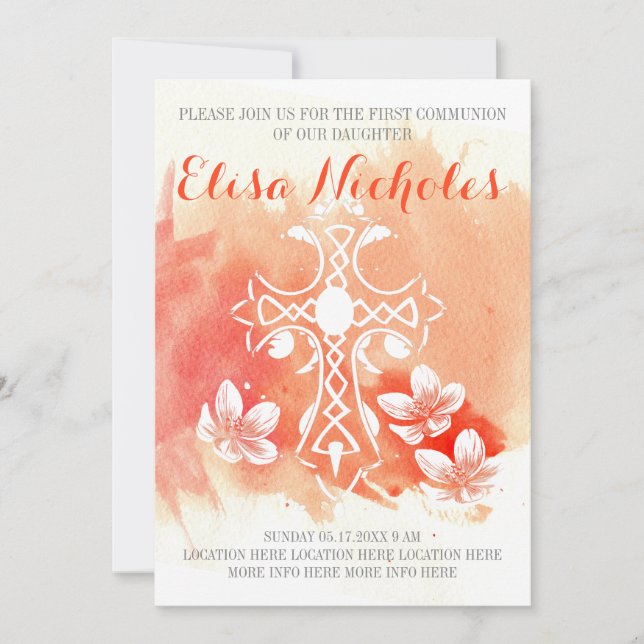 Invitación Coral acuarela cruz floral Primera Santa Comunión (Anverso)