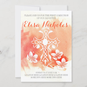 Invitación Coral acuarela cruz floral Primera Santa Comunión