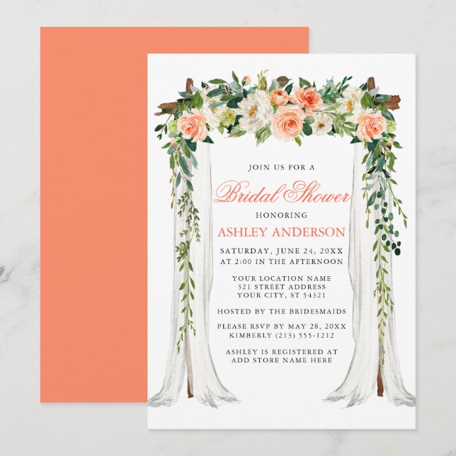 Invitación Coral acuarela Floral Canopa Bridal Shower (Anverso / Reverso)