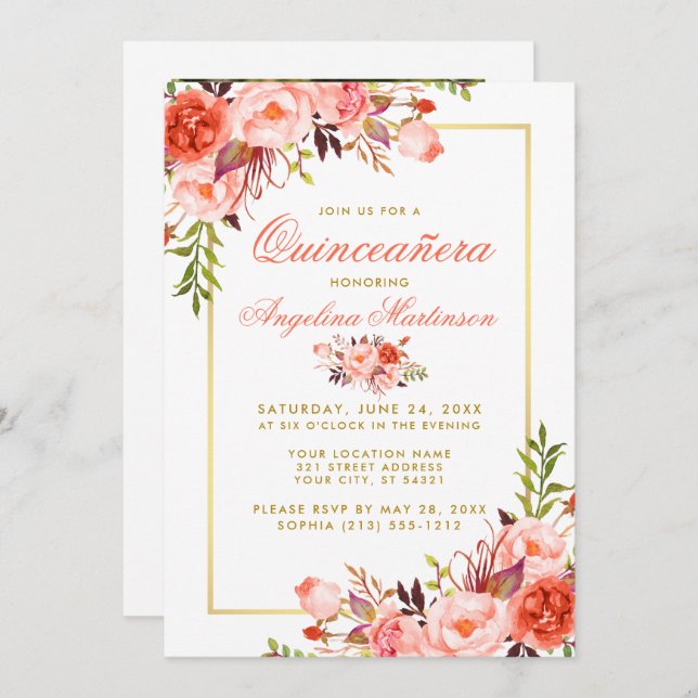 Invitación Coral acuarela Floral Quinceanera Gold Photo (Anverso / Reverso)