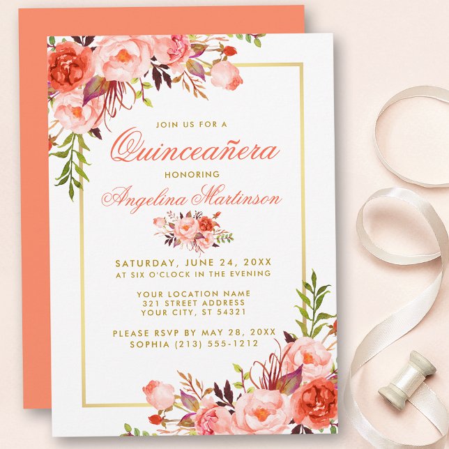 Invitación Coral acuarela Floral Quinceanera Marco dorado (Customize to change text color, style, add text & photos to back or change color of back of card.)