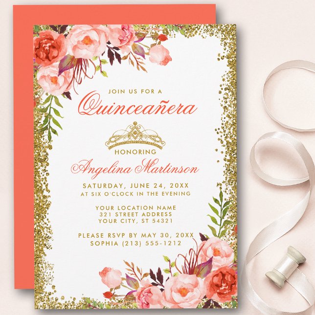 Invitación Coral acuarela Floral Quinceanera Purpurina de oro (Customize to change text color, style, add text & photos to back or change color of back of card.)