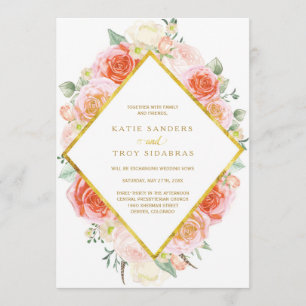 Invitación Coral acuático, rosas rosa y rosa sobre oro