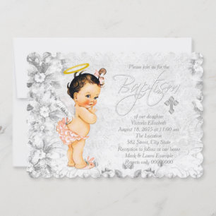 Invitación Coral Angel Vintage y Bautismo Gris
