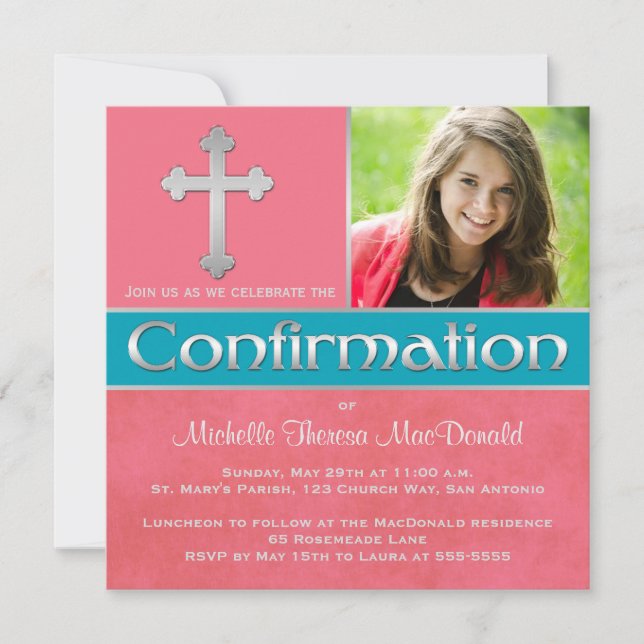 Invitación Coral, Aqua, Silver Confirmation Photo Invite (Anverso)