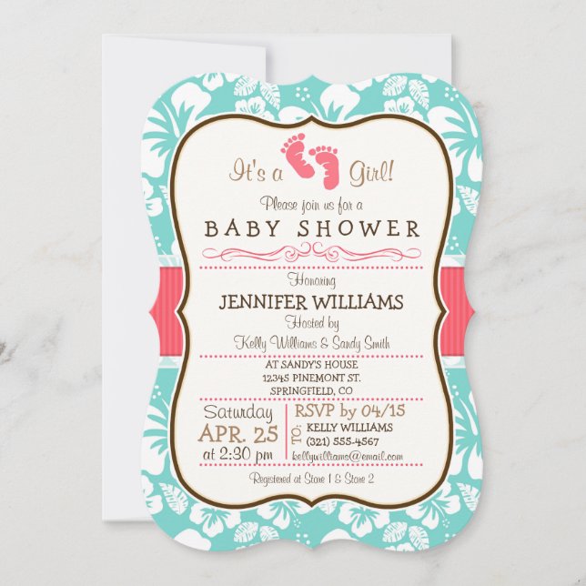 Invitación Coral, Aqua Tropical Baby Shower (Anverso)