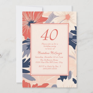 Invitación Coral Azul Marino Crema Floral Cumpleaños 40 de Mu