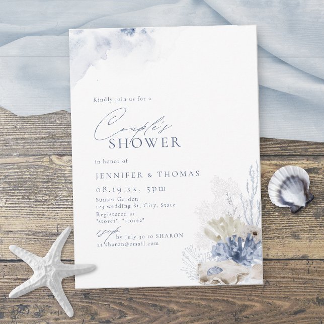 Invitación Coral Azul y Agujas Playa Ducha De Parejas Temátic (Blue Coral & Seashells Beach Themed Couples Shower Invitation)