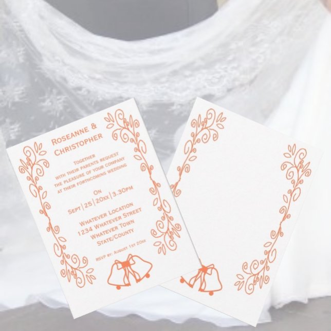 Invitación Coral Bells Scrollwork Design Boda (Coral wedding invitation bells and scrollwork design)