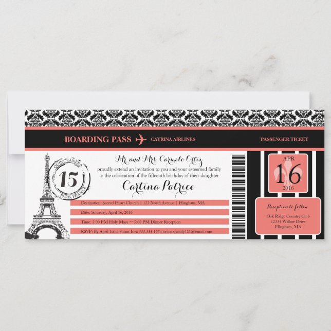Invitación Coral Black Damask Quinceanera Paris Boarding Pass (Anverso)