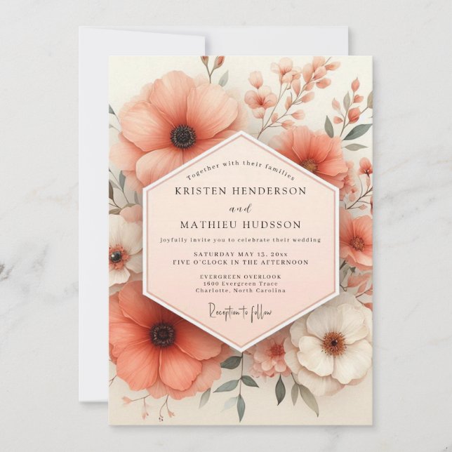 Invitación Coral Blossom Enchantment Wedding (Anverso)