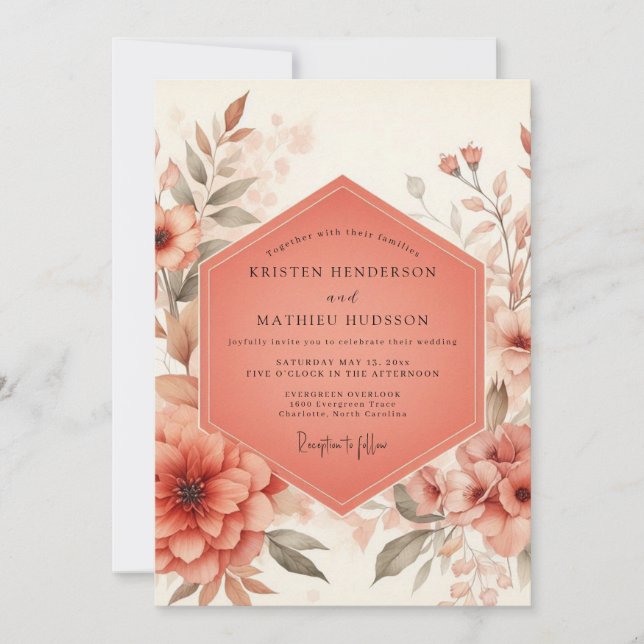 Invitación Coral Blossom Rustic Wedding (Anverso)